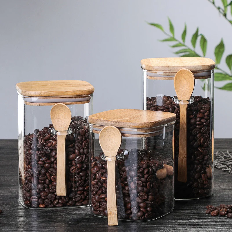 Vzduchotesné Skladovanie Potravín Jar Sklo Coffee Bean Korenia, Cukru, Múky, Nádoby, Kontajnery s Vekom a vareškou E2S