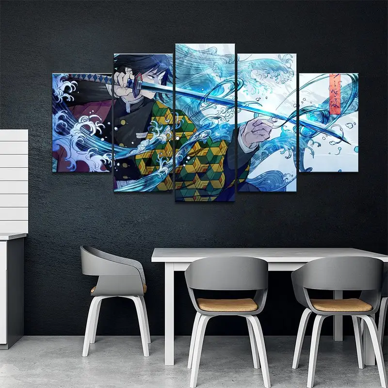 Wall Art Decor Maľovanie 5 Panely HD Obraz Anime Chlapec Obrázok Tomioka Giyuu Démon Vrah Plagát Animácie Domáce Dekorácie