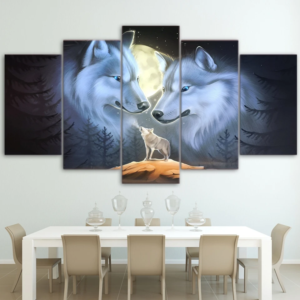 Wall Art Izba Domova Rám Plátno HD Vytlačí Plagát 5 Kusov spln Noc Zvierat Vlkmi Maľovanie krajiniek PENGDA