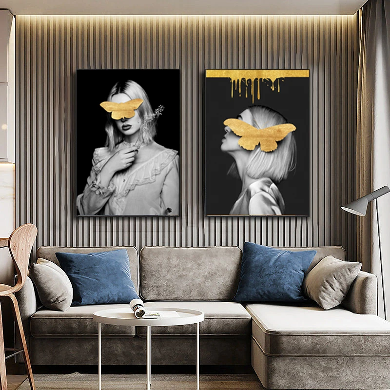 WANGART Moderného Umenia Plátno Plagát A Tlač Zlatý Motýľ Ženy olejomaľba Múr Umenia Pre Obývacia Izba č rám