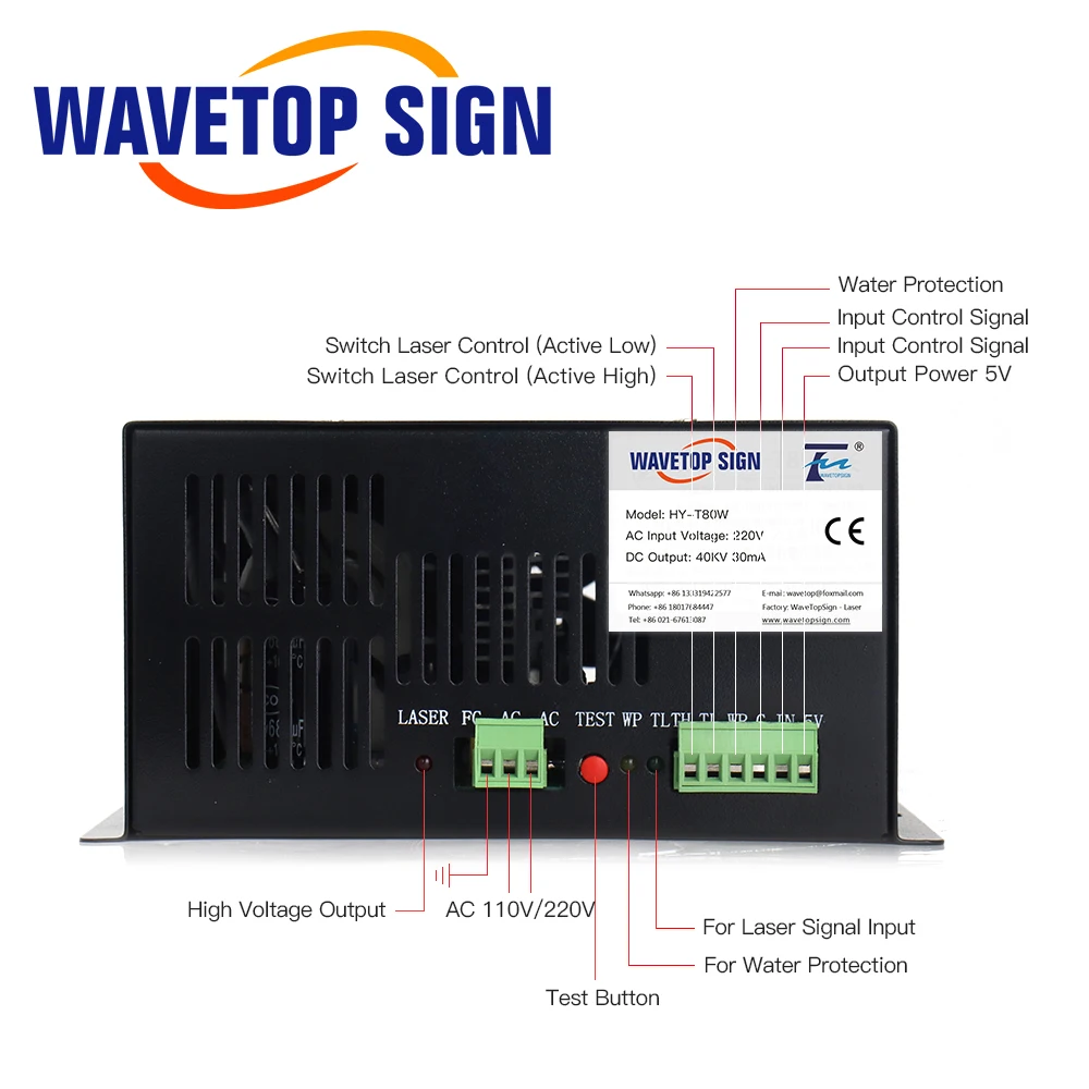 WaveTopSign 80W CO2 Laser Napájanie Zdroj pre CO2 Laserové Gravírovanie a Rezanie Stroj HY-T80 Série Dlho Záruka