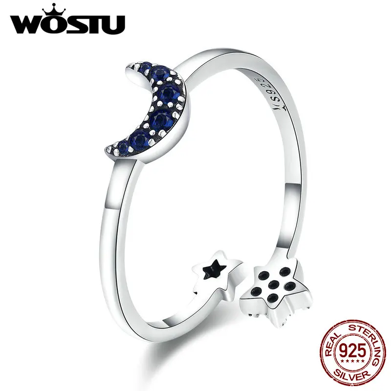 WOSTU Autentické 925 Sterling Silver Žiarivý Mesiac & Hviezdičkový Otvorené Prst Prstene pre Ženy Krištáľové Šperky Vianočný Darček CQR437