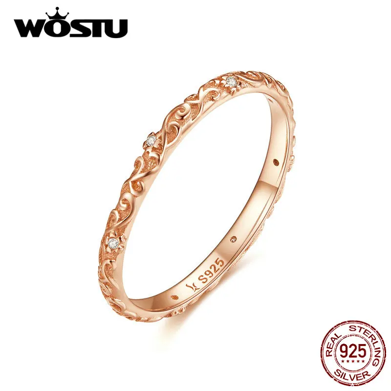 WOSTU Minimalistický Rose Gold Ring 925 Sterling Silver Jasné, Zirkón Jemné Krúžky Prst Pre Ženy, Luxusné Svadobné Šperky CQR514