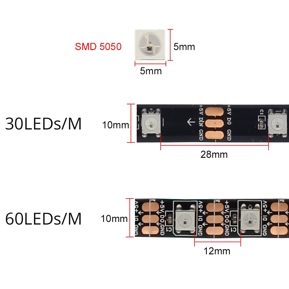 WS2812B LED Pásy Individuálne Adresovateľné RGB Smart Pixel Pásy 1m/2m/3m WS2812 IC Digitálny LED Pásy Nepremokavé 5V 30/60leds