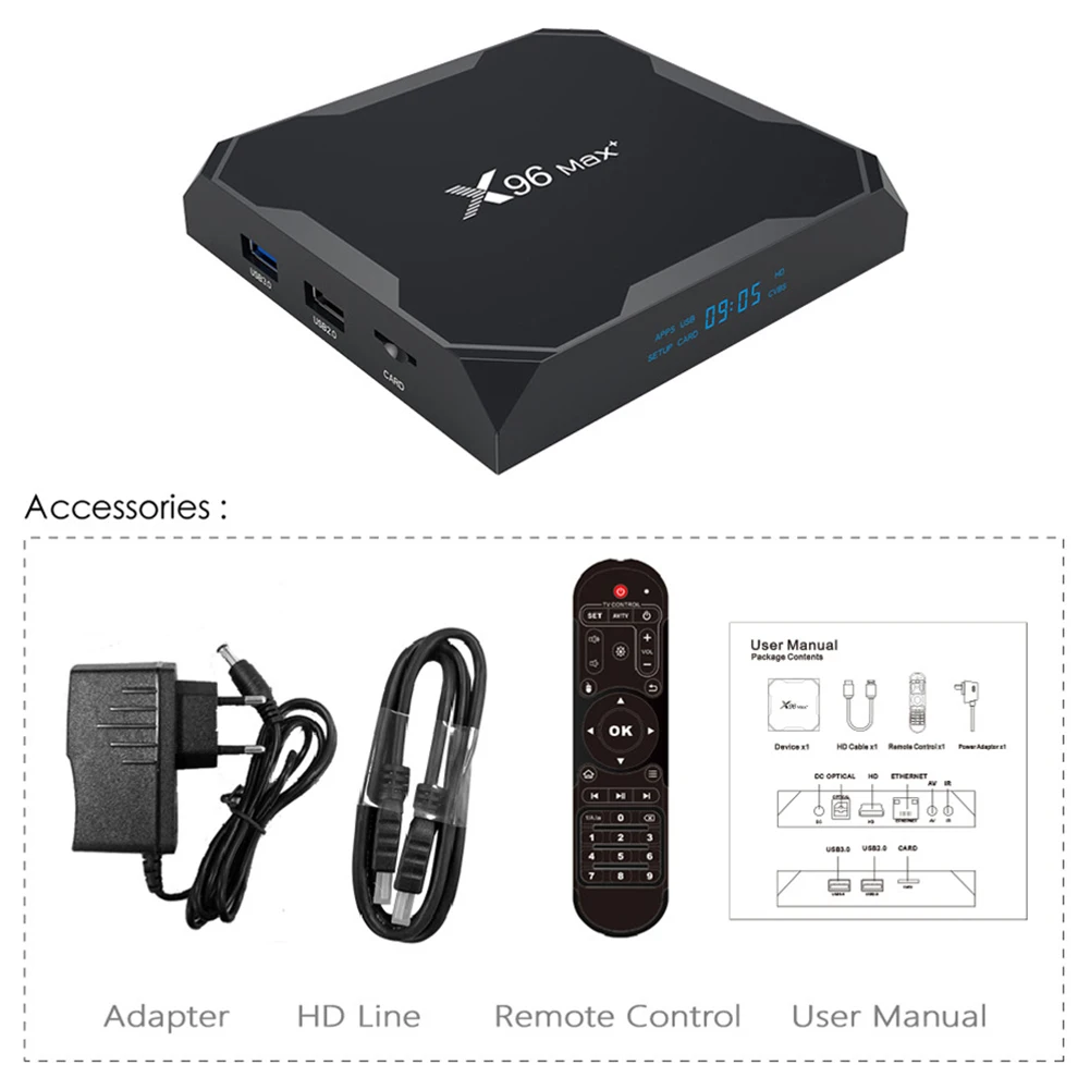 X96 Max Plus, Smart TV Box Android 9.0 S905X3 Quad Core 2.4 G/5.0 G Wifi, Bluetooth 4.0, 8K 1080P HD Smart Media Player Set-Top-Box