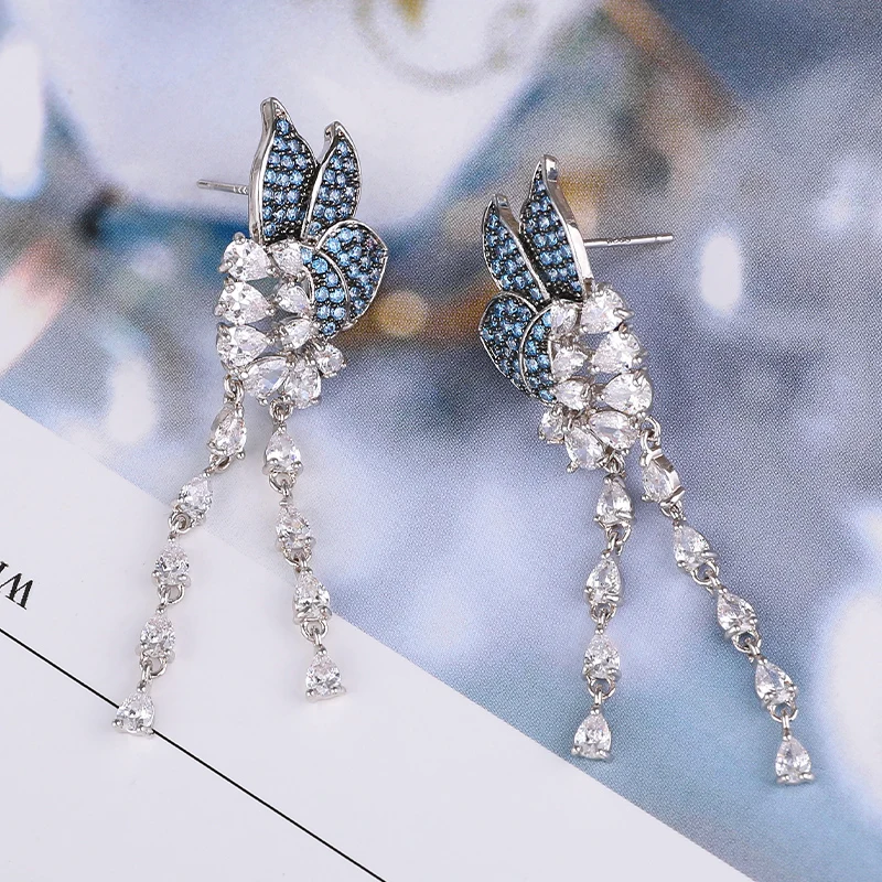 XIUMEIYIZU Luxusné Kvetinové Dizajn CZ Kameň Strapec Náušnice Shinning Ženy Módne Svadobné Hostiny, Mosadz Náušnice Pokovovanie Šperky