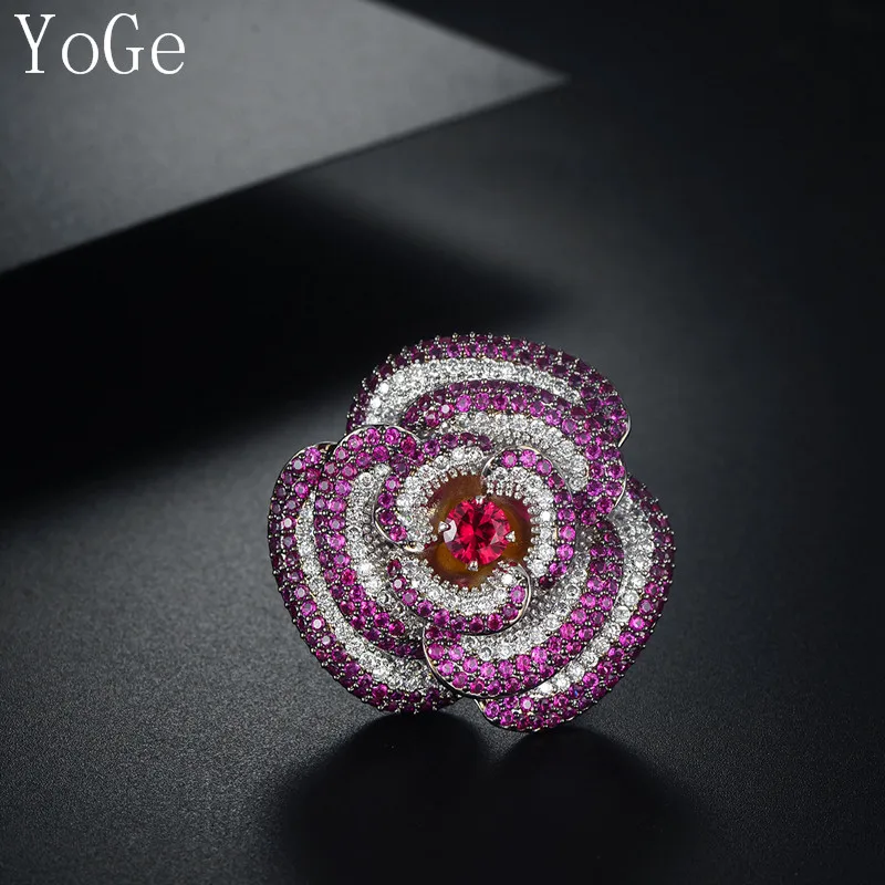 YoGe Svadobné&Party Šperky pre Ženy,R0918R Luxusné AAA CZ červený kameň ruže kvet veľký kruh
