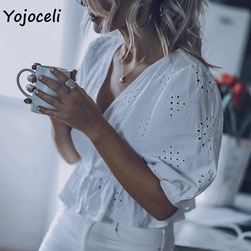 Yojoceli 2019 lete bavlna výšivky blúzky tričko ženy v krku tlačidlo duté sa blusas žena topy