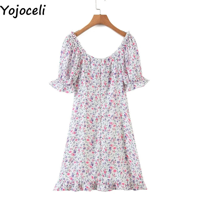 Yojoceli Kvetinový námestie krku vintage šaty žien Lete prehrabať krátke plážové oblečenie Casual sexy sladké mini šaty vestidos