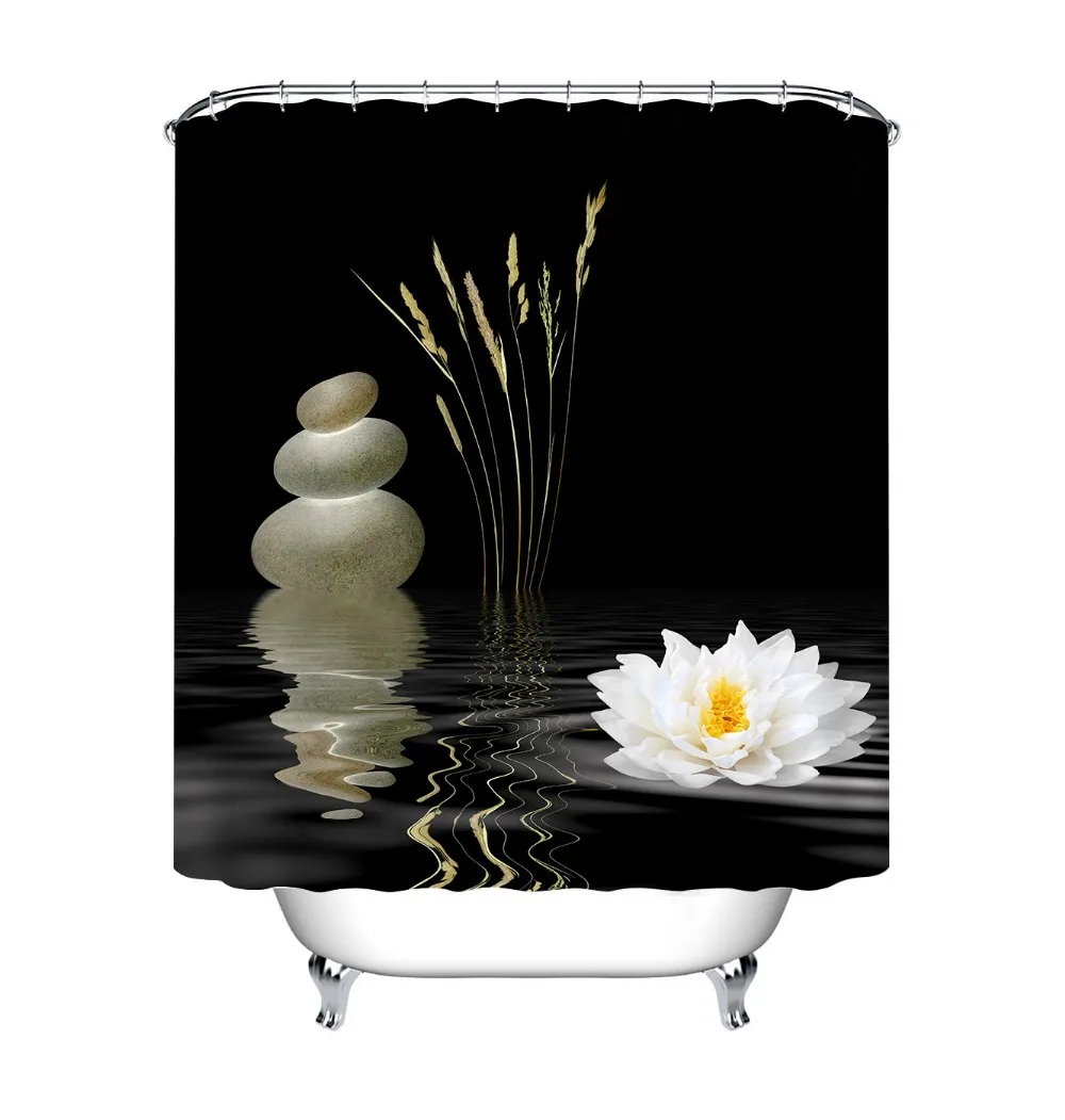 Zen Stone Sprchový Záves Bambusu Kameň Ázijské Lotosový Kvet Spa Kúpeľňa Záclony Nepremokavé Polyesterové Tkaniny Pre Vaňou Dekor