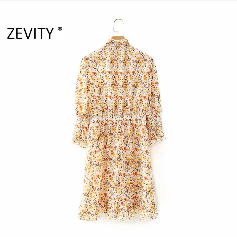 Zevity Nové ženy stojí golier kvet tlač vestidos šnúrkou šaty dámske zloženke lístkového rukáv bežné slim elegantné šaty DS4148