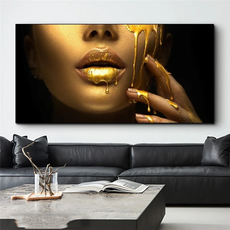 Zlaté Africkej Ženy Tvár Plátno Umenie Plagáty Sexy Pery Plátne, Obrazy na Stenu, Umenie Obrazy pre Moderné bývanie Izba Dekor