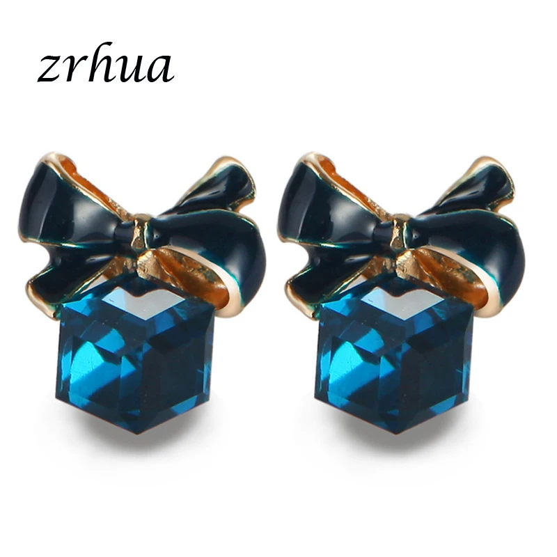 ZRHUA Hot Predaj Romantické Šperky Stud Náušnice Pre Svadobné Elegantná Zlatá Farba Modrá AAA Cubic Zirconia Kamenný Kvet Náušnice