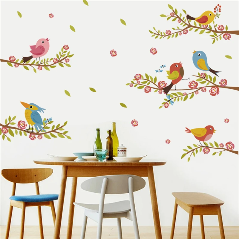 Zábavné vtáky na pobočke kvet stenu deti izby domova cartoon zvieratá samolepky na stenu pvc nástenné art diy tapety