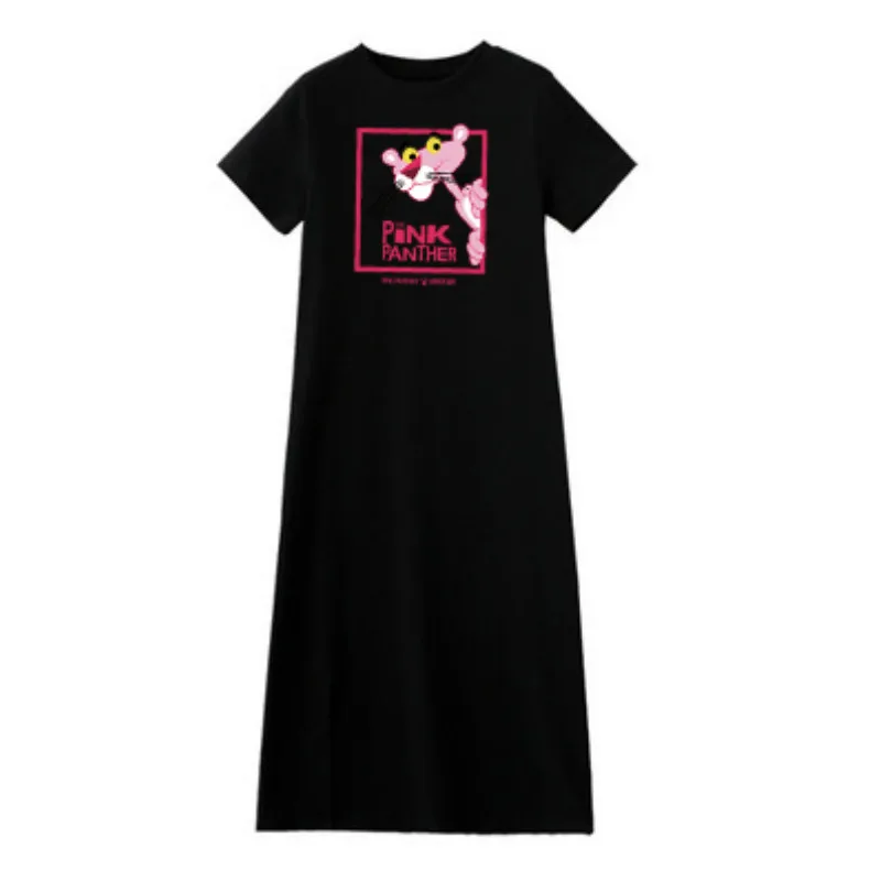 Čierna Šedá Vytlačené T Shirt Dress Ženy Príležitostné Voľné Dlhé Šaty Žena Krátky Rukáv Ročníka O-krku 2021 Lete Vestidos Župan
