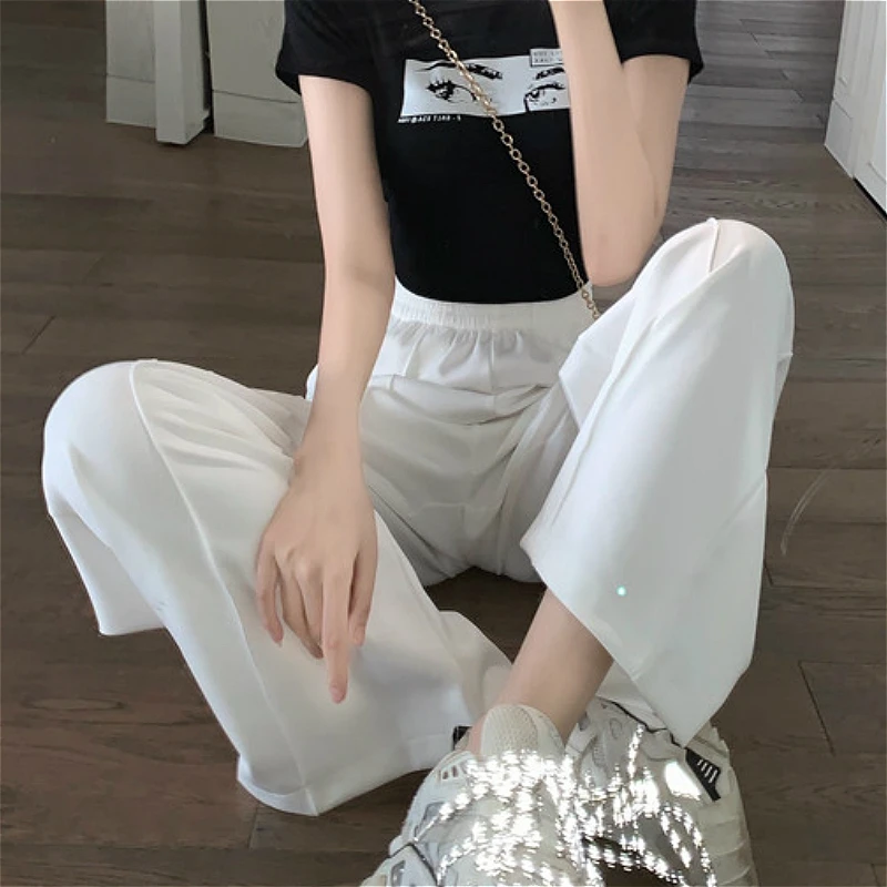 Širokú Nohu, Nohavice Ženy Letné Trendy Jednoduché Harajuku All-zápas Vysoký Pás Lady Streetwear Vintage White Dámske Plnej Dĺžke Nohavíc