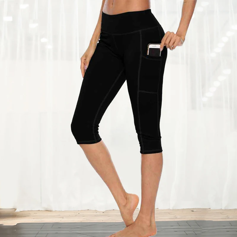 Žena Cvičenie Capri Fitness Legíny S Bočné Vrecko Vysoký Pás Beží Jóga Nohavice Sportwear Leginy Šport Femme Nohavice