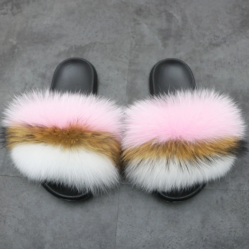 Ženy Fox Vlasy, Papuče Lete Chlpaté Topánky Rainbow Multi color Ženy Papuče Reálne Fox Kožušiny Luxusné Listov Veľké Veľkosti, 36-45