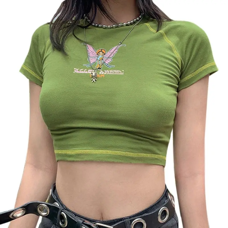 Ženy Krátky Rukáv Slim T-Shirt Víla, Motýľ Grafické Listy Tlač Plodín Top D08E