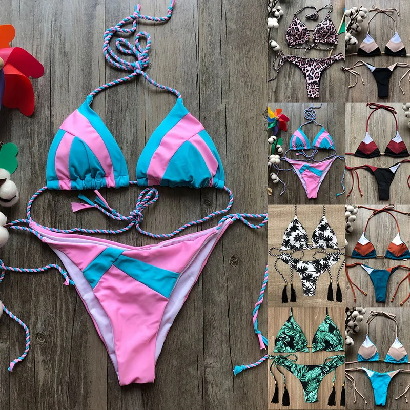 Ženy Split Plavky sú Sexy Vytlačené Visí na Krku Obväz Bikini Set Dámy Patchwork Plavky, plavky Swimwears Biquin mujer