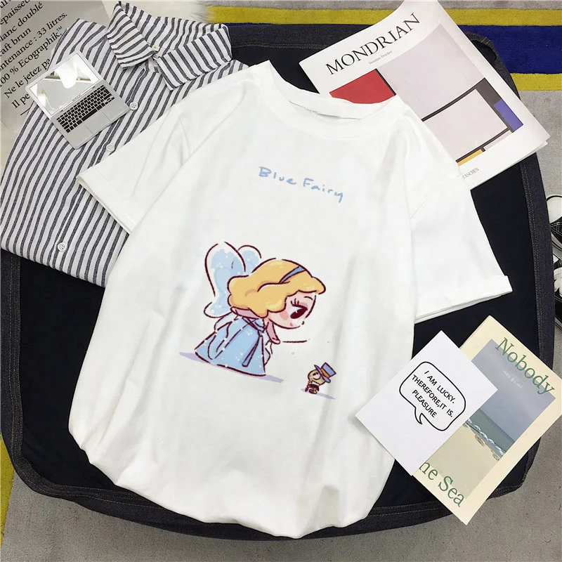 Ženy T-shirts Roztomilý Princezná Málo Kawaii Morská víla Legrační Karikatúra Tlače O Krk 2020 Letné Krátke Harajuku Streetwear Top Oblečenie