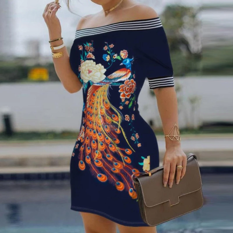 Ženy Vintage Páva Tlač-Line Šaty Letné 2020 Sexy Lomka Krku Krátky Rukáv Party Šaty Nové Elegantné Plus Veľkosť Mini Šaty
