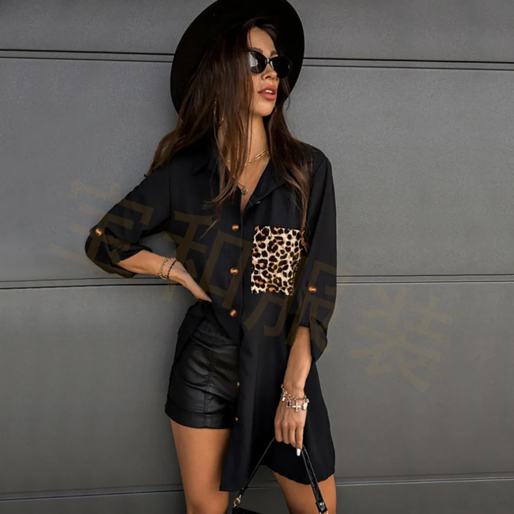 Ženy Ženy Jeseň Dlhý Rukáv Leopard Vytlačené na Tričká Topy Dámske Elegantné Zase Dole Krku Blúzka blusas mujer de moda 2021