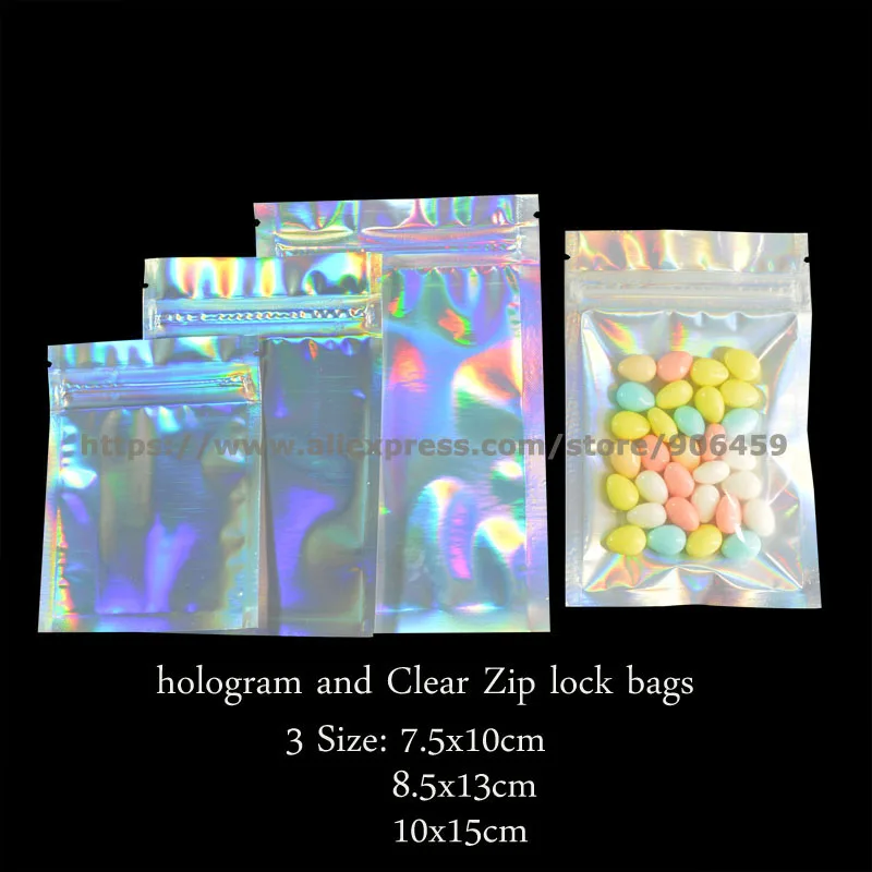100 Ks Hologram Fólie A Transparentné Zip lock Tašky Puzdro Elektronické Príslušenstvo Potravín Candy Darček Rúž Kozmetika Balenie