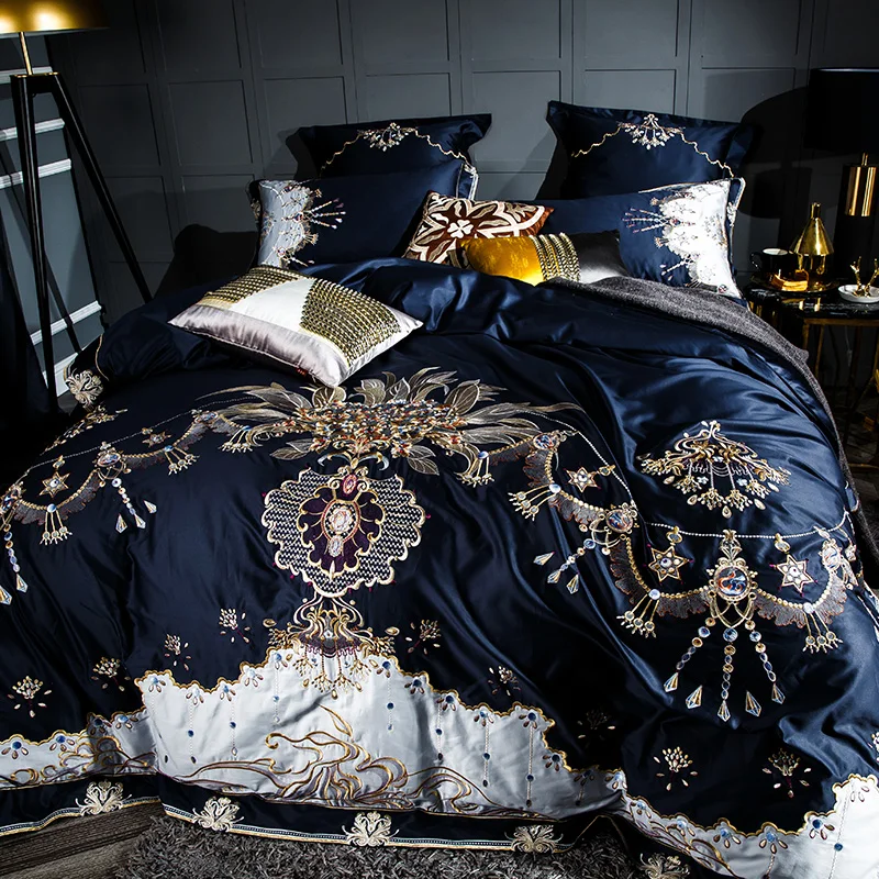 1000TC Egyptskej bavlny Modrá Fialová posteľná bielizeň Nastaviť Luxusné Kráľovná King size Posteľ list nastaviť Výšivky Perinu parure de lit adulte