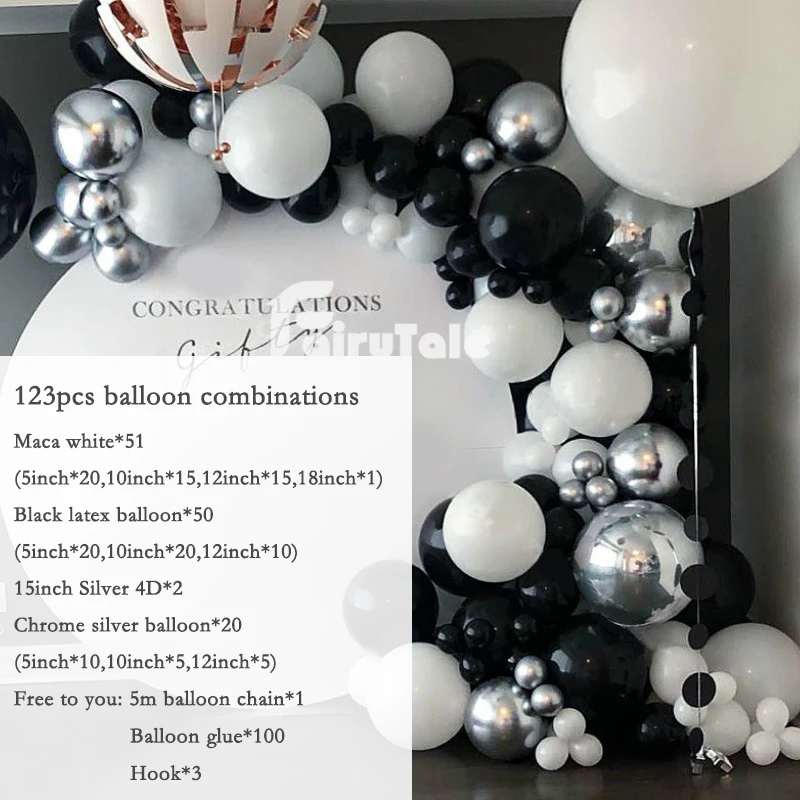123pcs Chrome Silver Balóny Garland Arch Kit Black White Ballon 4D Globos Baby Sprcha Narodeniny, Výročie Svadby, Party Decor