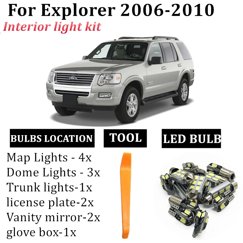 13pcs LED Lampa Auto Žiarovky Interiér Balík Kit Pre Ford Explorer 2006-2010 Mapu Dome batožinového priestoru Cargo Svetlo príslušenstvo T10 vlkovcový