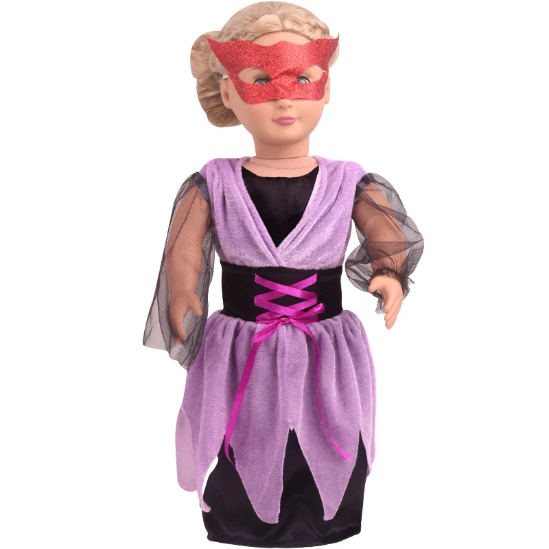 18-palcové Dievčatá bábiky oblečenie Nové Halloween fialová čarodejnice oblečenie + klobúk Americkej nové narodený šaty Detské hračky fit 43 cm baby doll chybe c810