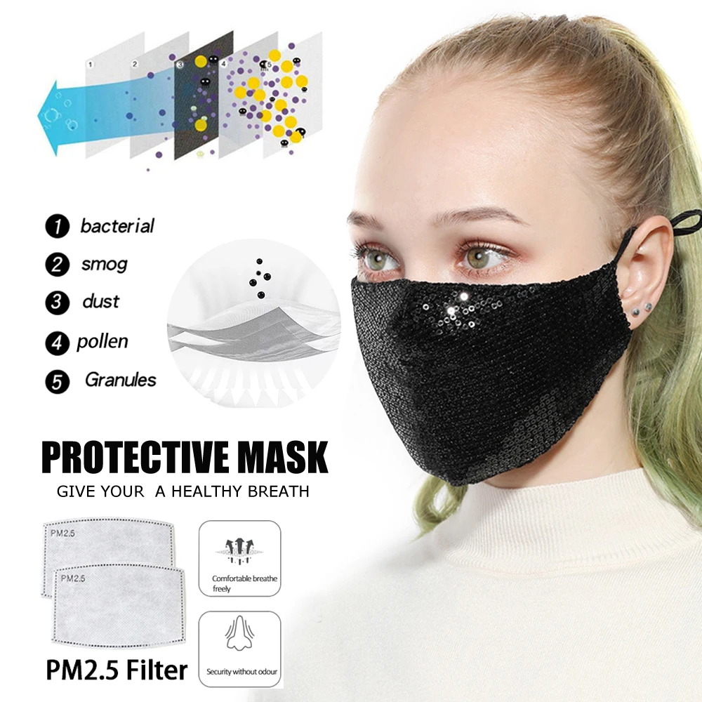 1Pcs Unisex Sequin Tvár, Ústa Maska Vonkajšie Strany PM2.5 Proti Prachu Zahŕňa Sexy Bavlna Umývateľný Opakovane Ochrannú Masku Proti Prachu