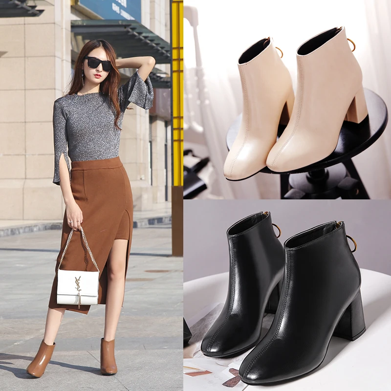 2018 kórejská verzia nové dámske topánky, zadný zipsy s hrúbkou podpätky krátke krátke topánky, topánky a príliv holé topánky