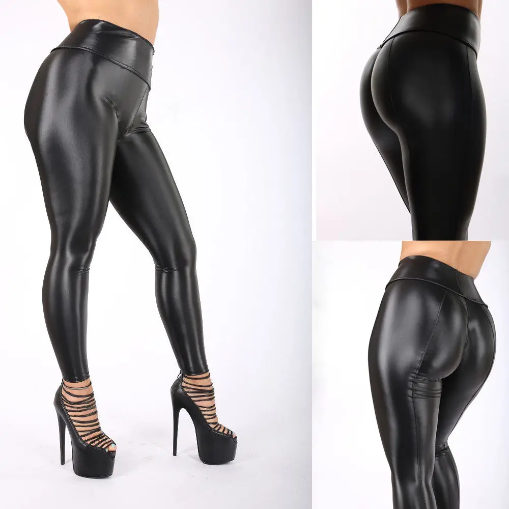 2019 dámskej Módy Lesklé Bling Vysoký Pás Fitness PU Nohavice Mokrý Vzhľad Faux Kožené Slim Čierne Legíny Plus Veľkosť XL