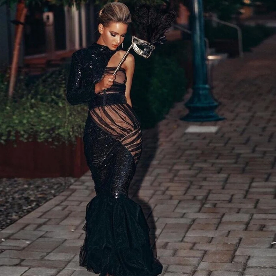 2019 jar nové čierne dámske dlhé sexy jeden-ramenný sequined čipky morská víla šaty Bodycon Vestidos celebrity dráhy party šaty