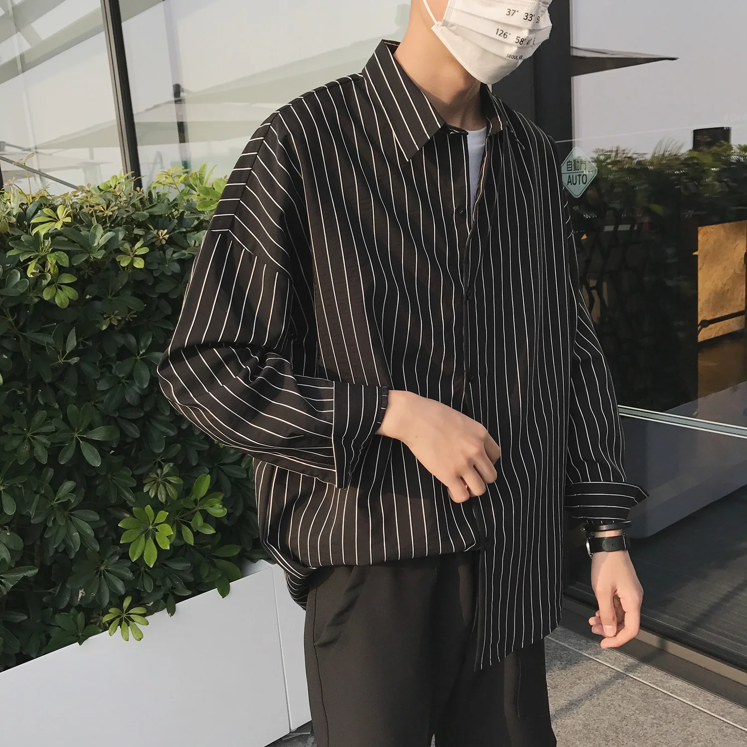 2019 Módne Kórejský Štýl Streetwear Tenké Prekladané Nadrozmerná Dlhý Rukáv Tričko Mužov