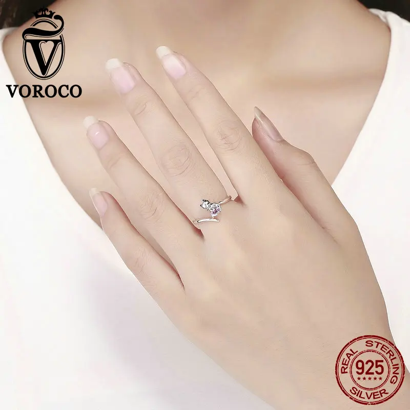 2019 VOROCO Skutočné 925 Sterling Silver Rozkošný Mačka prstene pre ženy Výročie Svadby Šperky Darček Ženy Elegantný Darček BKR446