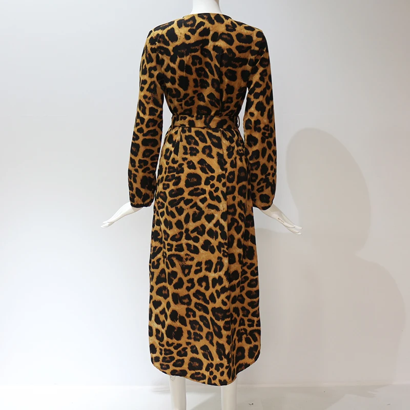 2020 Bežné Leopard Tlač Dlhý Rukáv Šifón Šaty Vintage Jeseň Elegantné Dámske Šaty tvaru Dlhé Maxi Split Kancelárske Šaty