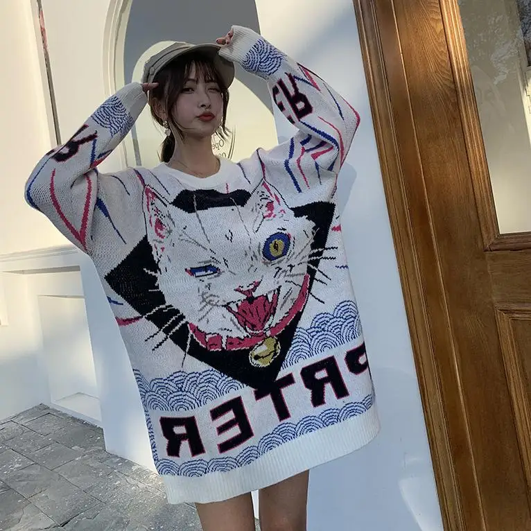 2020 Cute Cat Sweater Vianočný Sveter Japonskej Módy Ženy, Nové Jesenné a Zimné Voľné Nadrozmerné kórejský Dlhé Zimné Svetre