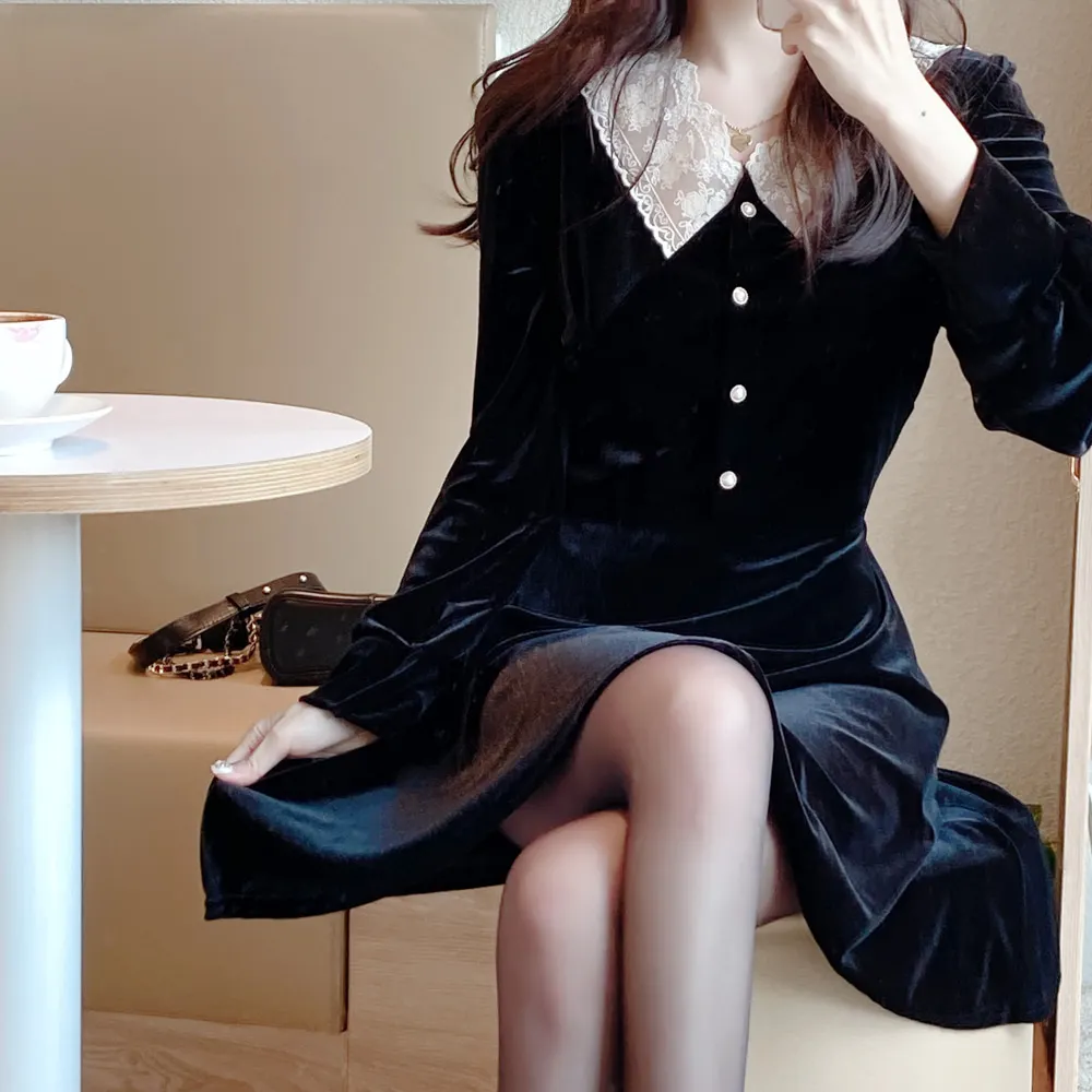 2020 Elegantné Čierne Šaty Bielej Čipky Ženy Kórea Štýl Dizajnu Temperament Lady Štíhlu Líniu Cute Party Malé Čierne Šaty 12021