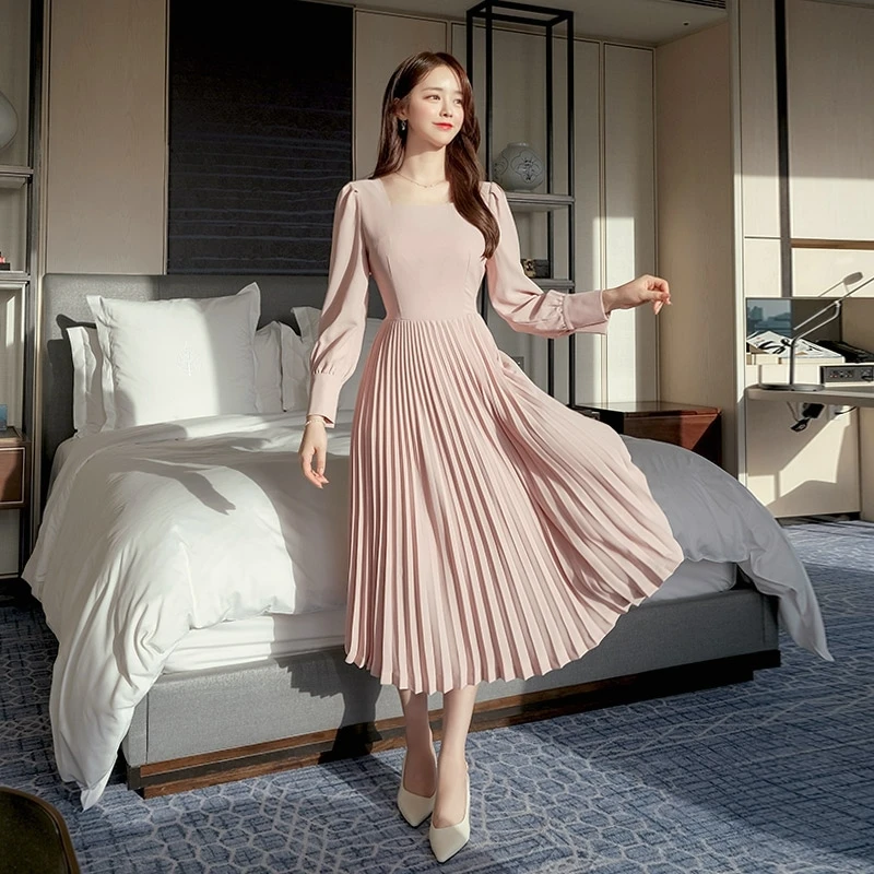 2020 Jeseň Ženy Khaki Námestie Krku Krídla Skladaný Šaty Elegantné Jar Kórejský Lady Príčinné Dlhé Ružové Sexy Party Šaty Vestidos