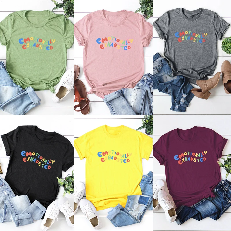 2020 Letné Topy pre Ženy T-shirt Plus Veľkosť 3XL 4XL 5XL Krátke Rukávy Listov Tlač EMOCIONÁLNE VYČERPANÝ Bavlna Vtipné Tričko