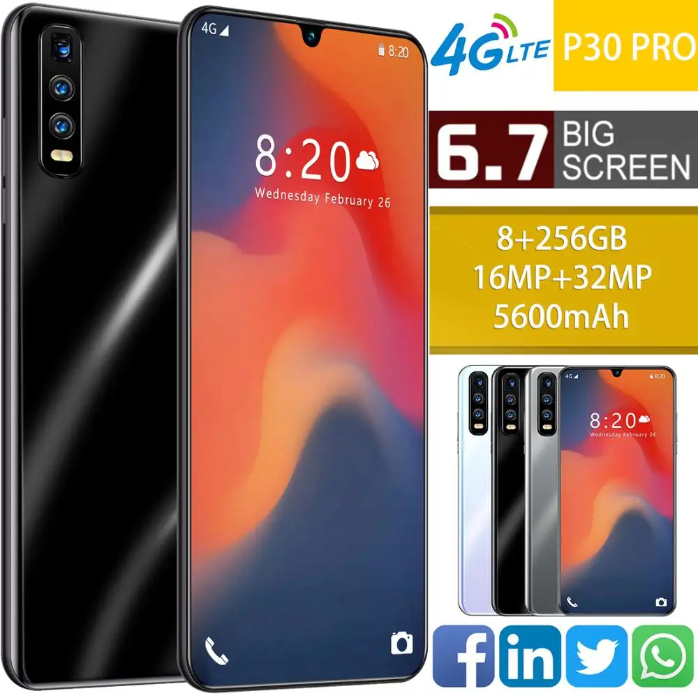 2020 Nové 4G P30Pro Mobilný Telefón 8G 256G Dual Card 6.7 Palcový Full Displej Ultrabook Siete Global Telefones Celulares Smartphone
