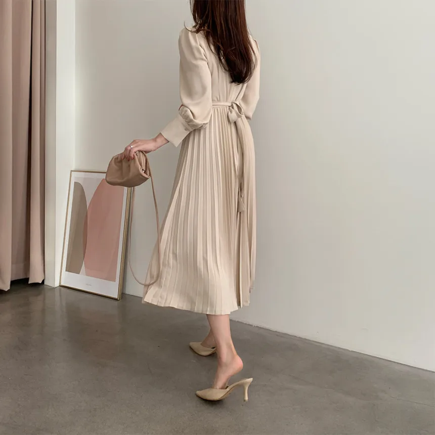 2020 Nové Jeseň Ženy Kórea Elegantné Skladaný Šaty dámske Dlhý Rukáv Bežné Tuhé Temperament Lady Šaty Vestidos