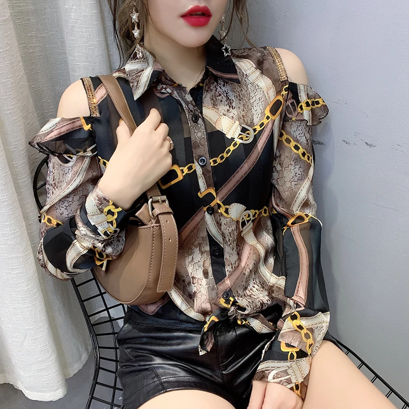 2020 Nové Letné Kórejské Oblečenie Sexy Vytlačiť, Ramenný Diamanty Blúzka Womon Šifón Tričko Ženy Tlačidlo Dlhý Rukáv Topy T02507