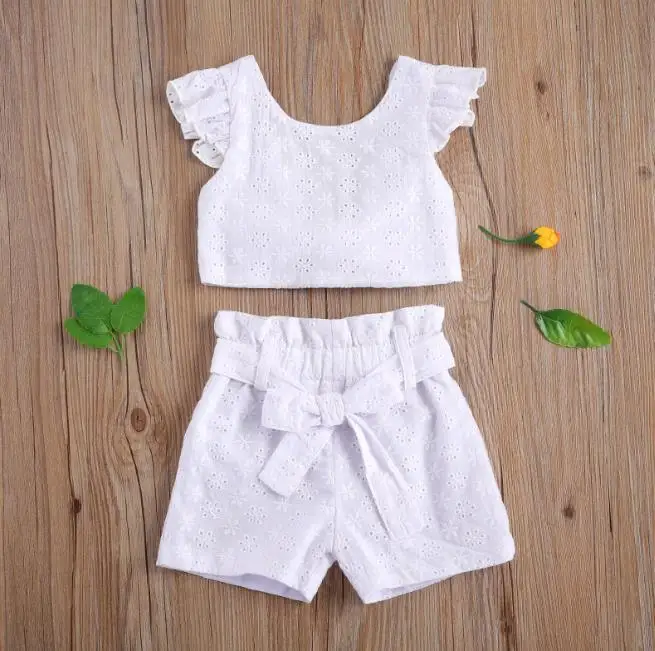 2021 detské Letné Oblečenie Set sa Žakárové Lietania Rukáv Backless Hollowout Čipky T-shirt Šortky Oblek Dievčatá Oblečenie