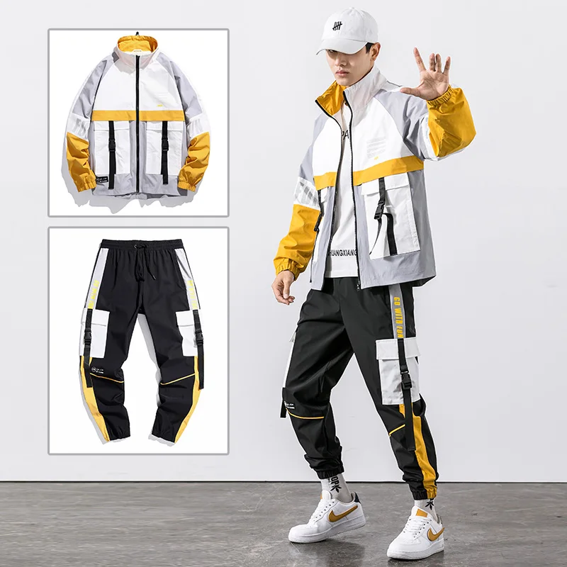 2021 Hip Hop pracovné Odevy jacket Mens Tepláková súprava Bunda+Nohavice 2PC Sady baseball voľné Zips Stuhy Kabát & Dlhé Nohavice Pánske Oblečenie