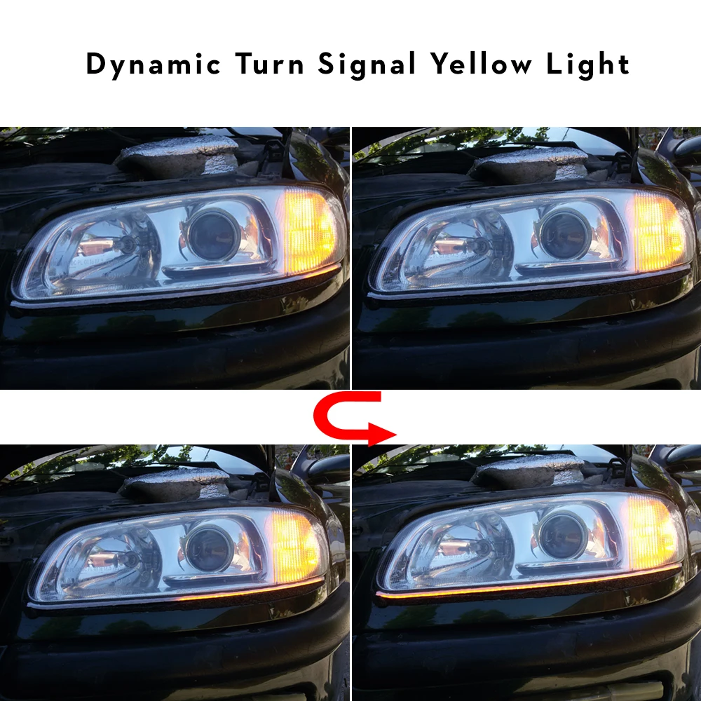 2x Jemných DRL LED Svetlá pre Denné svietenie Dynamické Zase Signál Žltá Sprievodca Pásy pre predné svetlo Montáž autopríslušenstva