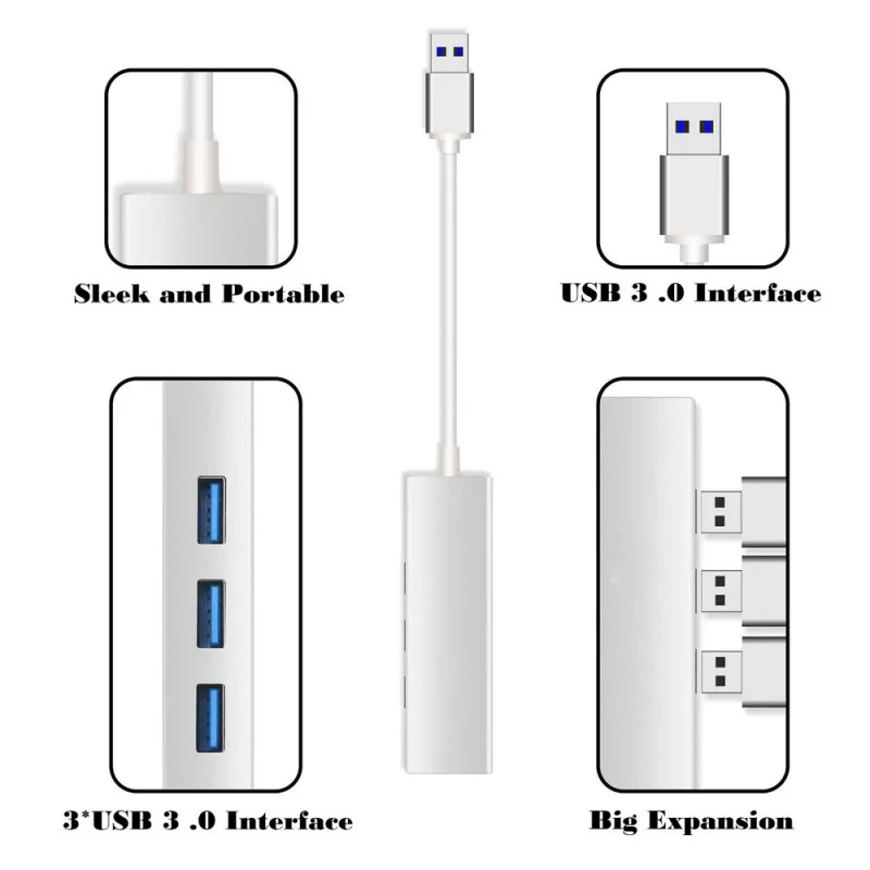 3 Porty USB 3.0, Gigabit Ethernet Lan RJ45 Sieťový Adaptér Hub na 1000Mbps pc